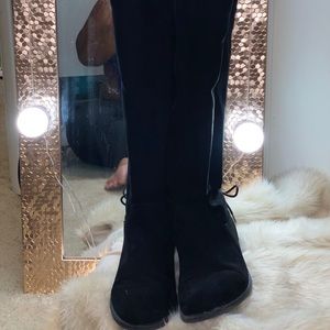 Black suede wide calf knee high boots